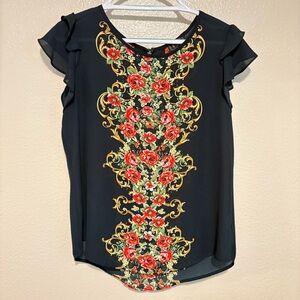 OLM Black Flutter Sleeve Lightweight Blouse Red Green Yellow White Floral Size L